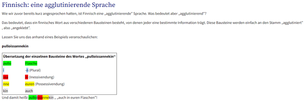 Finnisch lernen Grammatik agglutinierende Sprache Wortbausteine