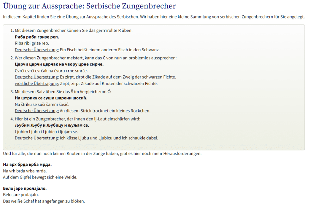 Serbisch lernen Grammatik Zungenbrecher