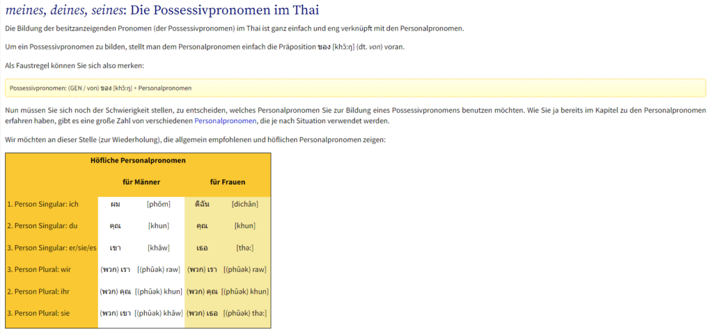 Thai lernen Grammatik Possessivpronomen