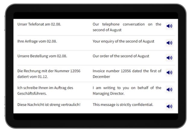 Business Deutsch auf Englisch lernen Dialogtrainer Tablet