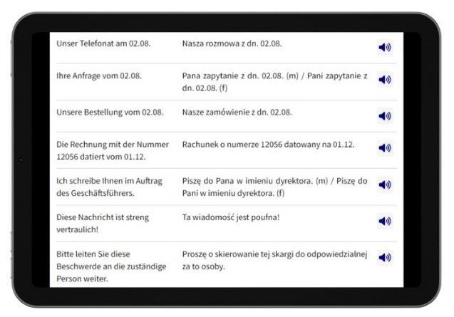 Business Deutsch auf Polnisch lernen Dialogtrainer Tablet