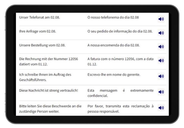 Business Deutsch auf Portugiesisch lernen Dialogtrainer Tablet