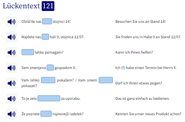 Business Slowenisch lernen Lückentext Beispielsätze