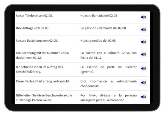 Business Deutsch auf Spanisch lernen Dialogtrainer Tablet