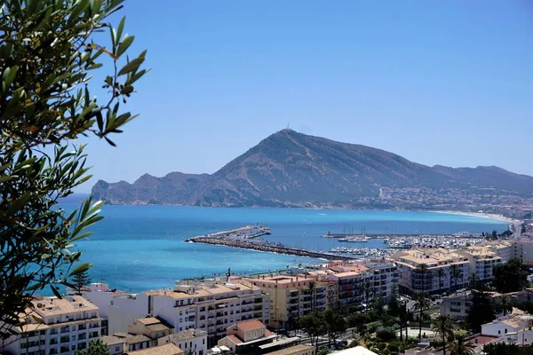 Sprachporträt Spanisch: Blick über den Hafen von Altea, Spanien in Richtung Parc Natural de la Serra Gelada