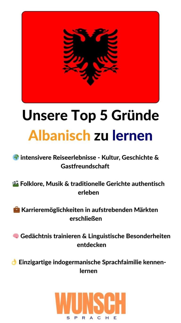 wunschsprache.de - Albanisch lernen - Unsere Top 5 ründe Albanisch zu lernen - Pinterest - 🌍 intensivere Reiseerlebnisse - Kultur, Geschichte & Gastfreundschaft - 🎬 Folklore, Musik & traditionelle Gerichte authentisch erleben - 💼 Karrieremöglichkeiten in aufstrebenden Märkten erschließen - 🧠 Gedächtnis trainieren & Linguistische Besonderheiten entdecken - 👌 Einzigartige indogermanische Sprachfamilie kennenlernen