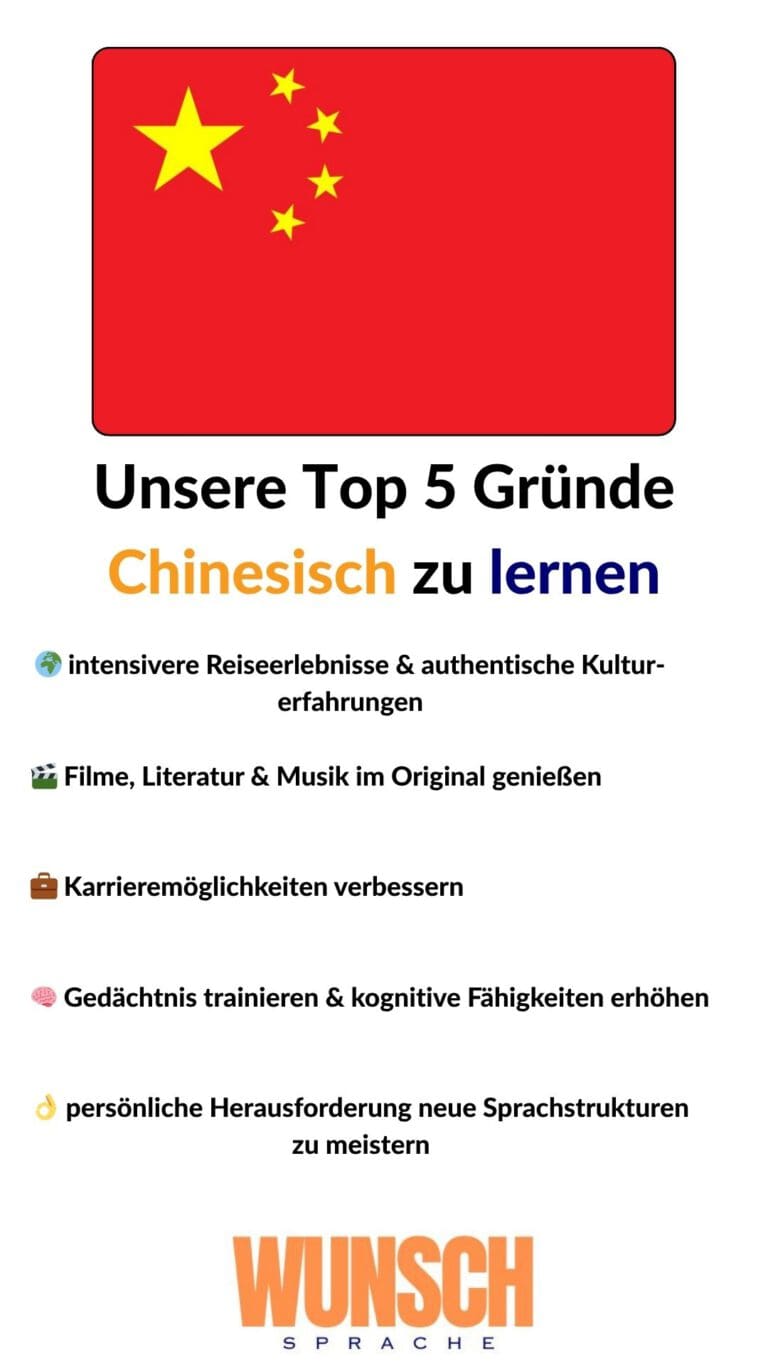 wunschsprache.de - Chinesisch lernen - Unsere Top 5 Gründe Chinesisch zu lernen - Pinterest - 🌍 intensivere Reiseerlebnisse & authentische Kulturerfahrungen - 🎬 Filme, Literatur & Musik im Original genießen - 💼 Karrieremöglichkeiten verbessern - 🧠 Gedächtnis trainieren & kognitive Fähigkeiten erhöhen - 👌 persönliche Herausforderung neue Sprachstrukturen zu meistern