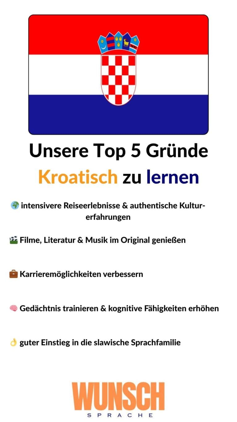 wunschsprache.de - Kroatisch lernen - Unsere Top 5 Gründe Kroatisch zu lernen - Pinterest - 🌍 intensivere Reiseerlebnisse & authentische Kulturerfahrungen - 🎬 Filme, Literatur & Musik im Original genießen - 💼 Karrieremöglichkeiten verbessern - 🧠 Gedächtnis trainieren & kognitive Fähigkeiten erhöhen - 👌 guter Einstieg in die slawische Sprachfamilie