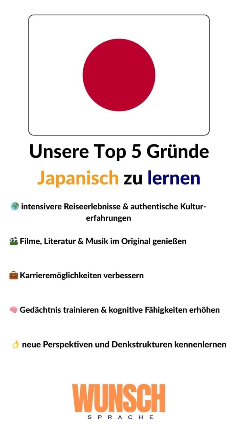 wunschsprache.de - Japanisch lernen - Unsere Top 5 Gründe Japanisch zu lernen - Pinterest - 🌍 intensivere Reiseerlebnisse & authentische Kulturerfahrungen - 🎬 Filme, Literatur & Musik im Original genießen - 💼 Karrieremöglichkeiten verbessern - 🧠 Gedächtnis trainieren & kognitive Fähigkeiten erhöhen - 👌 neue Perspektiven und Denkstrukturen kennenlernen