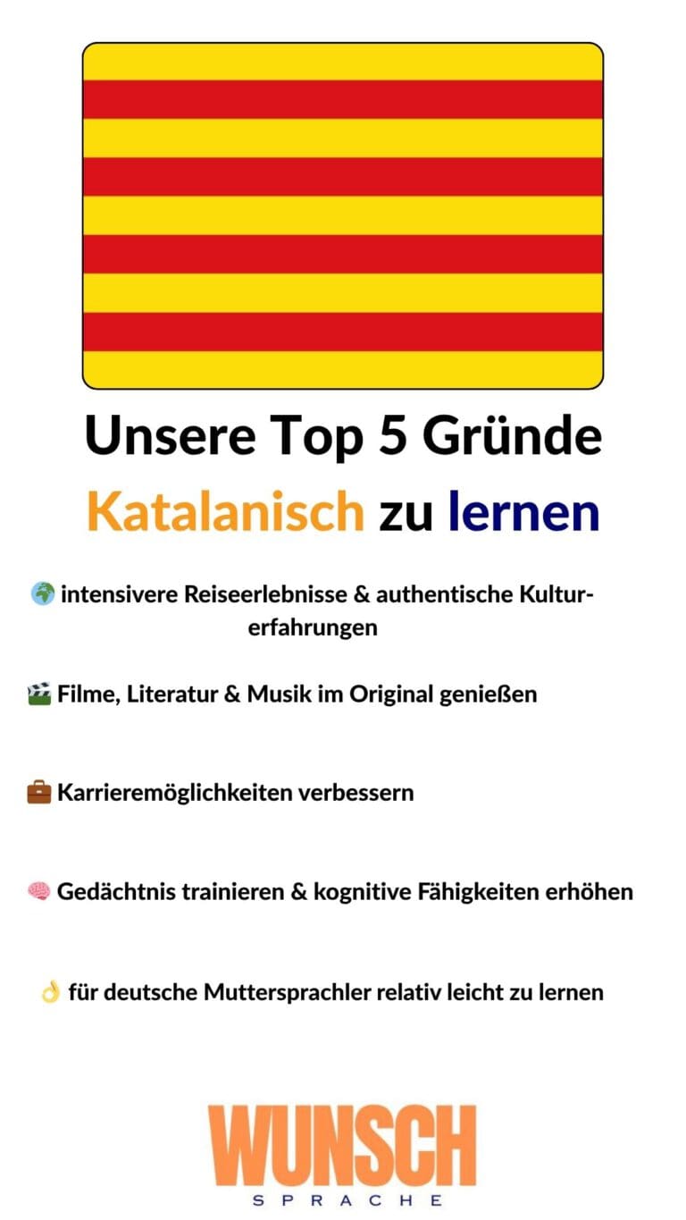 wunschsprache.de - Katalanisch lernen - Unsere Top 5 Gründe Katalanisch zu lernen - Pinterest - 🌍 intensivere Reiseerlebnisse & authentische Kulturerfahrungen - 🎬 Filme, Literatur & Musik im Original genießen - 💼 Karrieremöglichkeiten verbessern - 🧠 Gedächtnis trainieren & kognitive Fähigkeiten erhöhen - 👌 für deutsche Muttersprachler relativ leicht zu lernen
