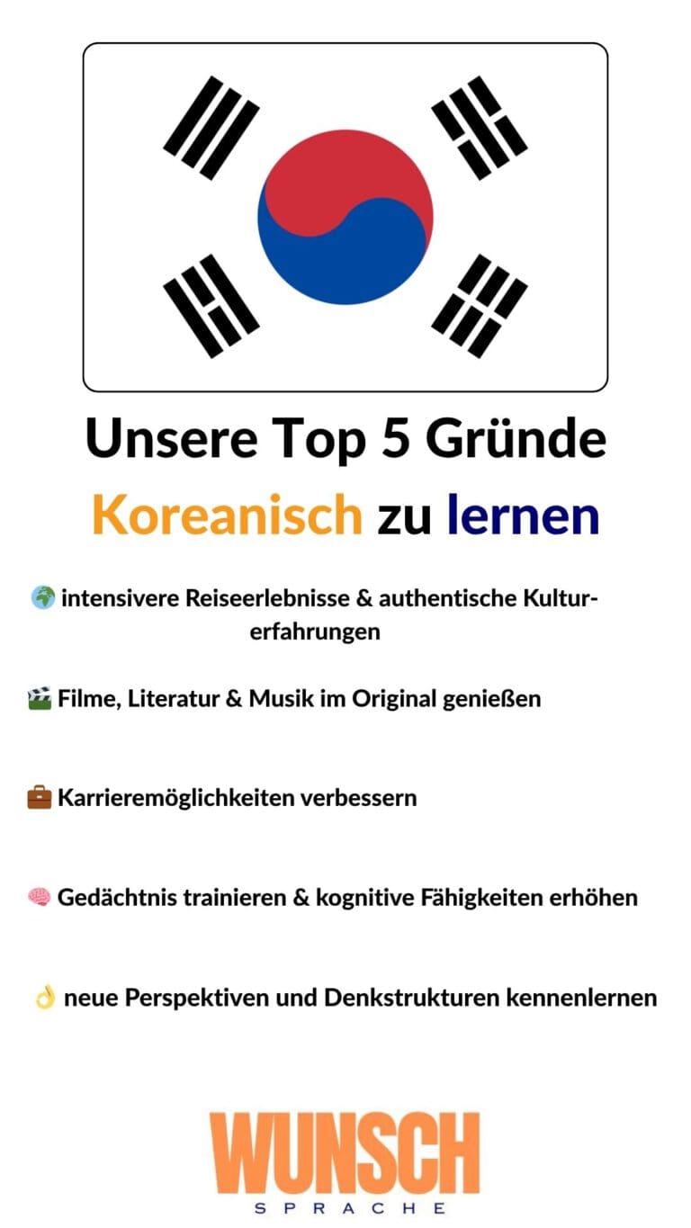 wunschsprache.de - Koreanisch lernen - Unsere Top 5 Gründe Koreanisch zu lernen - Pinterest - 🌍 intensivere Reiseerlebnisse & authentische Kulturerfahrungen - 🎬 Filme, Literatur & Musik im Original genießen - 💼 Karrieremöglichkeiten verbessern - 🧠 Gedächtnis trainieren & kognitive Fähigkeiten erhöhen - 👌 neue Perspektiven und Denkstrukturen kennenlernen