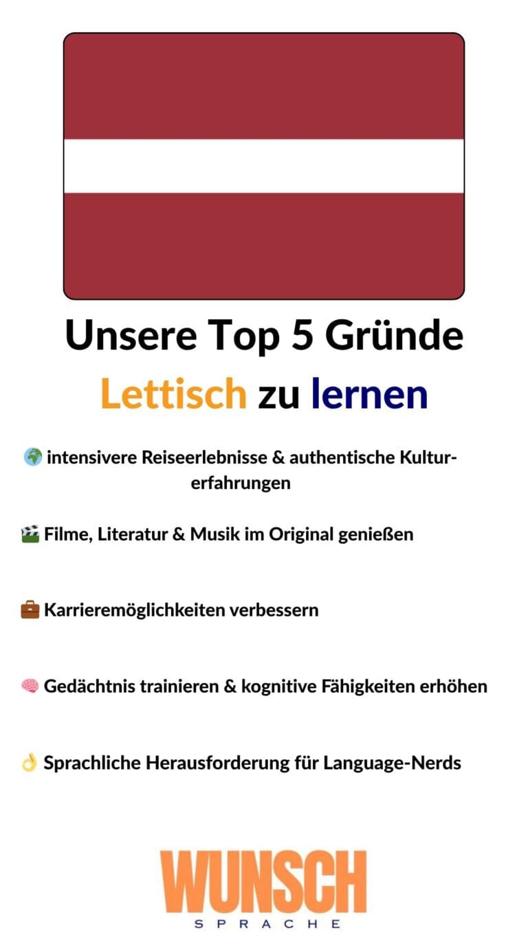 wunschsprache.de - Lettisch lernen - Unsere Top 5 Gründe Lettisch zu lernen - Pinterest - 🌍 intensivere Reiseerlebnisse & authentische Kulturerfahrungen - 🎬 Filme, Literatur & Musik im Original genießen - 💼 Karrieremöglichkeiten verbessern - 🧠 Gedächtnis trainieren & kognitive Fähigkeiten erhöhen - 👌 Sprachliche Herausforderung für Language-Nerds
