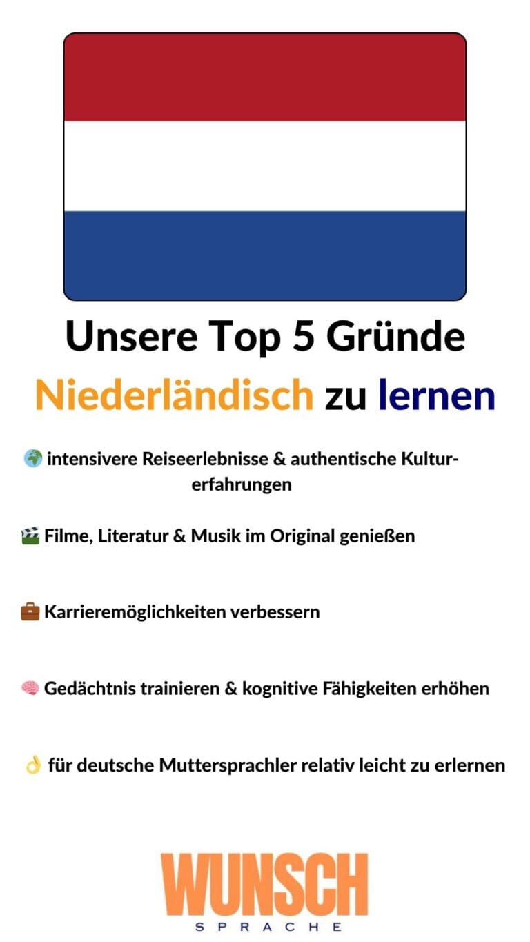 wunschsprache.de - Niederländisch lernen - Unsere Top 5 Gründe Niederländisch zu lernen - Pinterest - 🌍 intensivere Reiseerlebnisse & authentische Kulturerfahrungen - 🎬 Filme, Literatur & Musik im Original genießen - 💼 Karrieremöglichkeiten verbessern - 🧠 Gedächtnis trainieren & kognitive Fähigkeiten erhöhen - 👌 für deutsche Muttersprachler relativ leicht zu erlernen