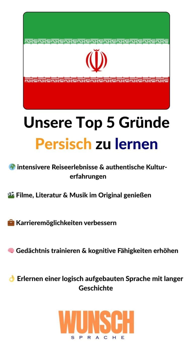 wunschsprache.de - Persisch lernen - Unsere Top 5 Gründe Persisch zu lernen - Pinterest - 🌍 intensivere Reiseerlebnisse & authentische Kulturerfahrungen - 🎬 Filme, Literatur & Musik im Original genießen - 💼 Karrieremöglichkeiten verbessern - 🧠 Gedächtnis trainieren & kognitive Fähigkeiten erhöhen - 👌 Erlernen einer logisch aufgebauten Sprache mit langer Geschichte