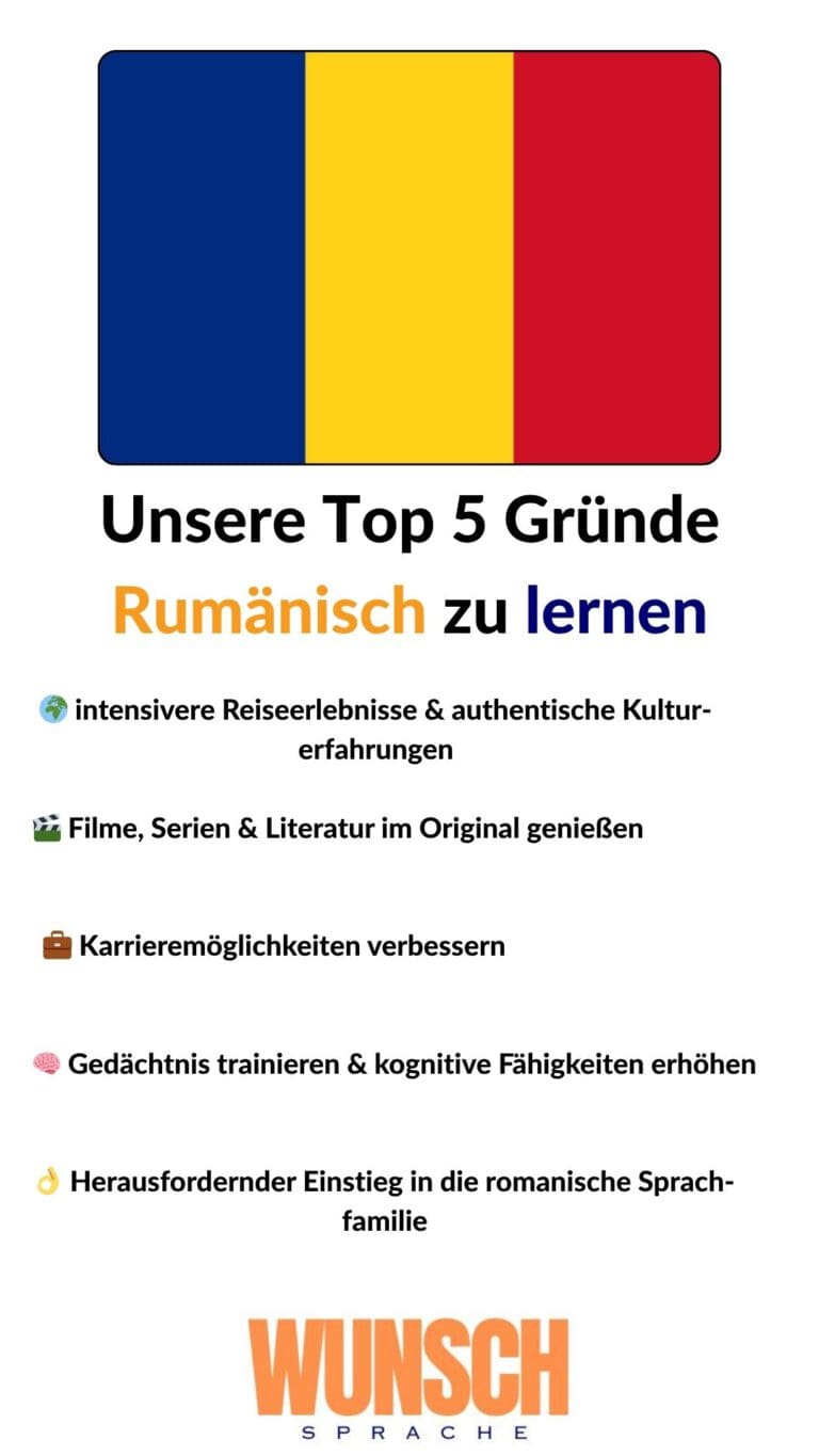 wunschsprache.de - Rumänisch lernen - Unsere Top 5 Gründe Rumänisch zu lernen - Pinterest - 🌍 intensivere Reiseerlebnisse & authentische Kulturerfahrungen - 🎬 Filme, Serien & Literatur im Original genießen - 💼 Karrieremöglichkeiten verbessern - 🧠 Gedächtnis trainieren & kognitive Fähigkeiten erhöhen - 👌 Herausfordernder Einstieg in die romanische Sprachfamilie