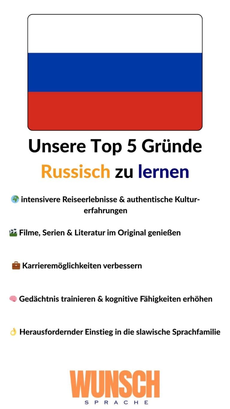 wunschsprache.de - Russisch lernen - Unsere Top 5 Gründe Russisch zu lernen - Pinterest - 🌍 intensivere Reiseerlebnisse & authentische Kulturerfahrungen - 🎬 Filme, Serien & Literatur im Original genießen - 💼 Karrieremöglichkeiten verbessern - 🧠 Gedächtnis trainieren & kognitive Fähigkeiten erhöhen - 👌 Herausfordernder Einstieg in die slawische Sprachfamilie