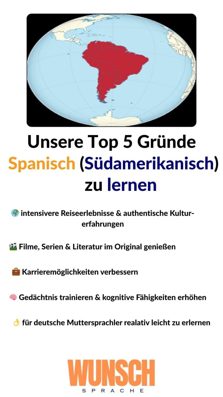 wunschsprache.de - Spanisch (Südamerikanisch) lernen - Unsere Top 5 Gründe Spanisch (Südamerikanisch) zu lernen - Pinterest - 🌍 intensivere Reiseerlebnisse & authentische Kulturerfahrungen - 🎬 Filme, Serien & Literatur im Original genießen - 💼 Karrieremöglichkeiten verbessern - 🧠 Gedächtnis trainieren & kognitive Fähigkeiten erhöhen - 👌 für deutsche Muttersprachler relativ leicht zu erlernen