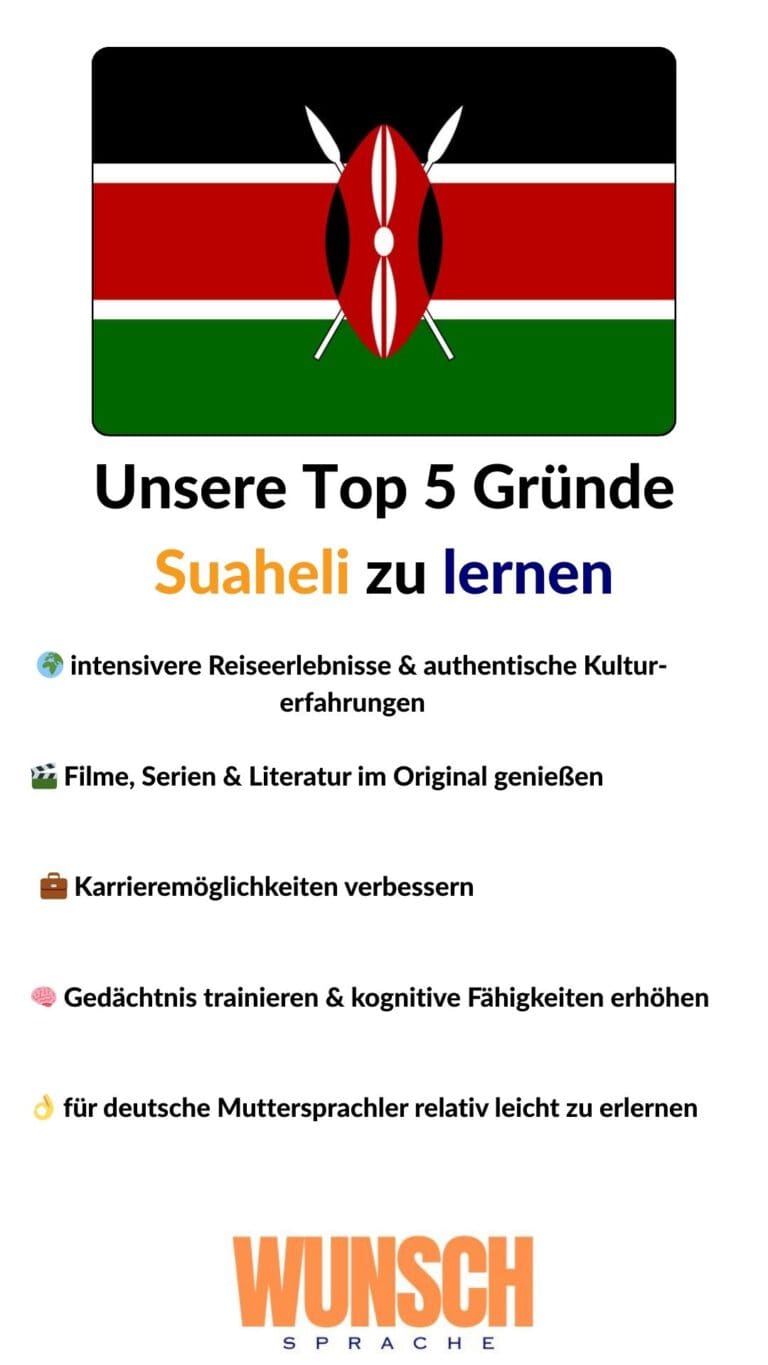 wunschsprache.de - Suaheli lernen - Unsere Top 5 Gründe Suaheli zu lernen - Pinterest - 🌍 intensivere Reiseerlebnisse & authentische Kulturerfahrungen - 🎬 Filme, Serien & Literatur im Original genießen - 💼 Karrieremöglichkeiten verbessern - 🧠 Gedächtnis trainieren & kognitive Fähigkeiten erhöhen - 👌 für deutsche Muttersprachler relativ leicht zu erlernen