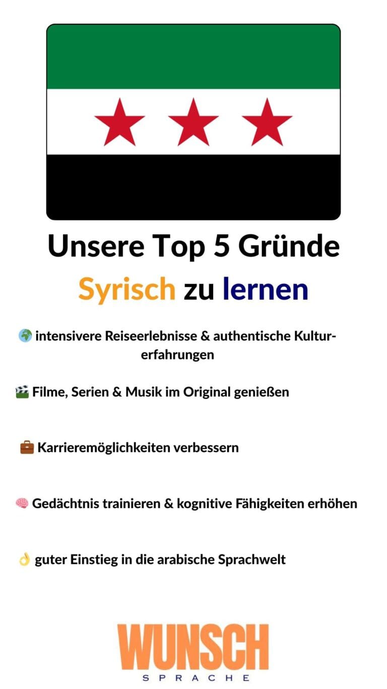 wunschsprache.de - Syrisch lernen - Unsere Top 5 Gründe Syrisch zu lernen - Pinterest - 🌍 intensivere Reiseerlebnisse & authentische Kulturerfahrungen - 🎬 Filme, Serien & Musik im Original genießen - 💼 Karrieremöglichkeiten verbessern - 🧠 Gedächtnis trainieren & kognitive Fähigkeiten erhöhen - 👌 guter Einstieg in die arabische Sprachwelt