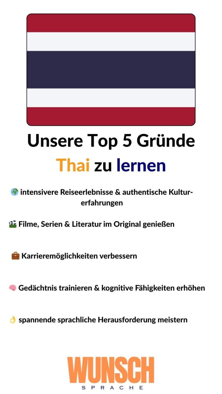 wunschsprache.de - Thai lernen - Unsere Top 5 Gründe Thai zu lernen - Pinterest - 🌍 intensivere Reiseerlebnisse & authentische Kulturerfahrungen - 🎬 Filme, Serien & Literatur im Original genießen - 💼 Karrieremöglichkeiten verbessern - 🧠 Gedächtnis trainieren & kognitive Fähigkeiten erhöhen - 👌 spannende sprachliche Herausforderung meistern