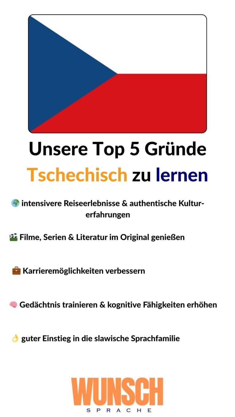 wunschsprache.de - Tschechisch lernen - Unsere Top 5 Gründe Tschechisch zu lernen - Pinterest - 🌍 intensivere Reiseerlebnisse & authentische Kulturerfahrungen - 🎬 Filme, Serien & Literatur im Original genießen - 💼 Karrieremöglichkeiten verbessern - 🧠 Gedächtnis trainieren & kognitive Fähigkeiten erhöhen - 👌 guter Einstieg in die slawische Sprachfamilie