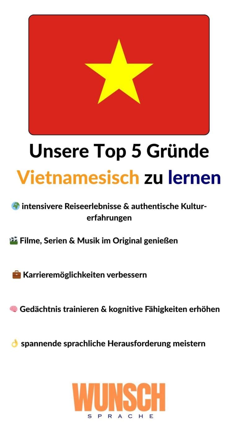 wunschsprache.de - Vietnamesisch lernen - Unsere Top 5 Gründe Vietnamesisch zu lernen - Pinterest - 🌍 intensivere Reiseerlebnisse & authentische Kulturerfahrungen - 🎬 Filme, Serien & Musik im Original genießen - 💼 Karrieremöglichkeiten verbessern - 🧠 Gedächtnis trainieren & kognitive Fähigkeiten erhöhen - 👌 spannende sprachliche Herausforderung meistern