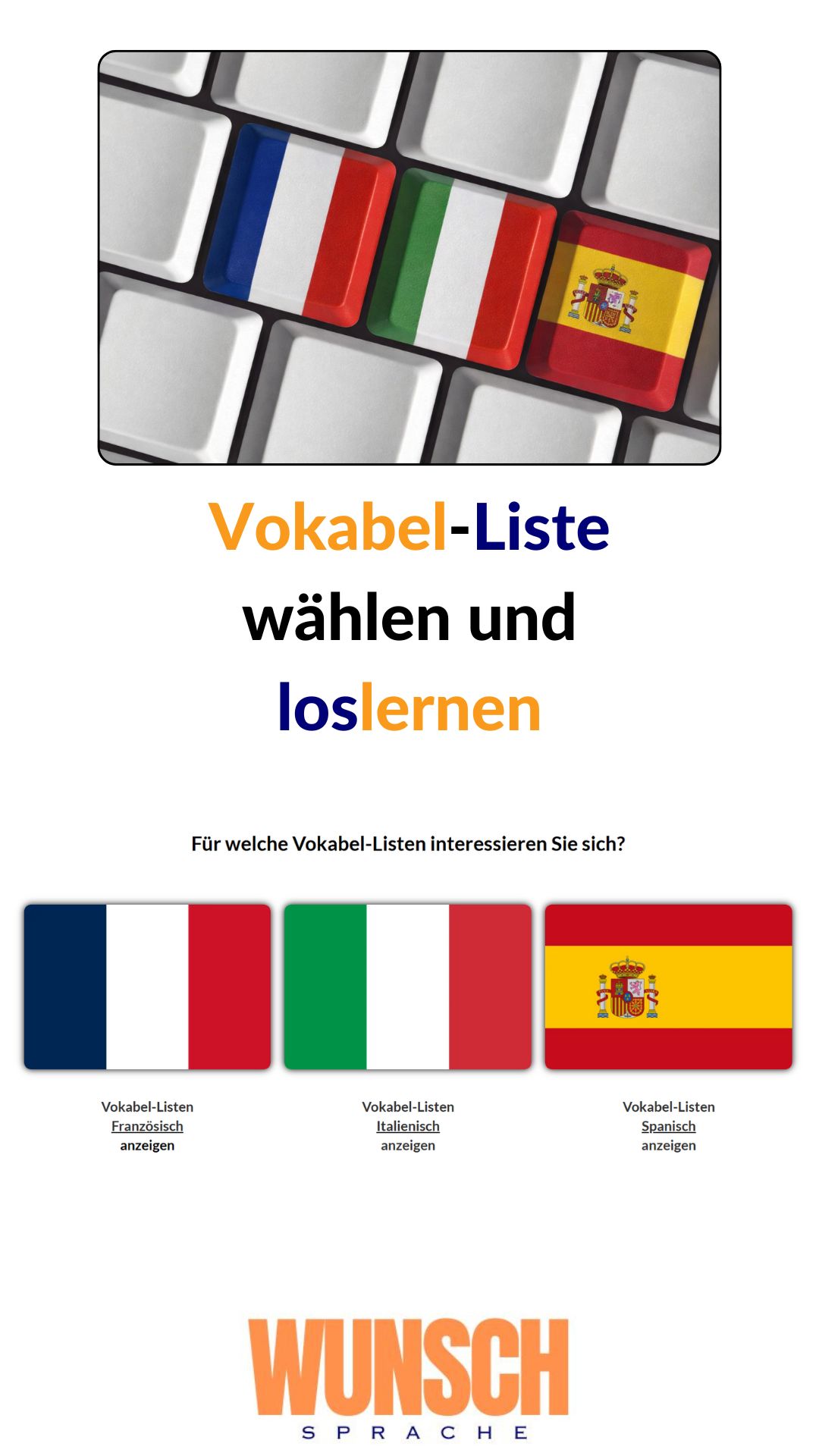wunschsprache - Vokabel-Listen - Französisch, Italienisch, Spanisch im Pinterest-Stil