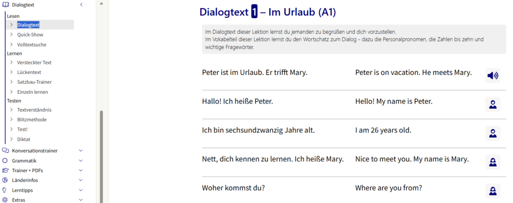 Schritt für Schritt mit Lektionen arbeiten - 3. Dialogtext - Wörter im Kontext lernen - wunschsprache.de