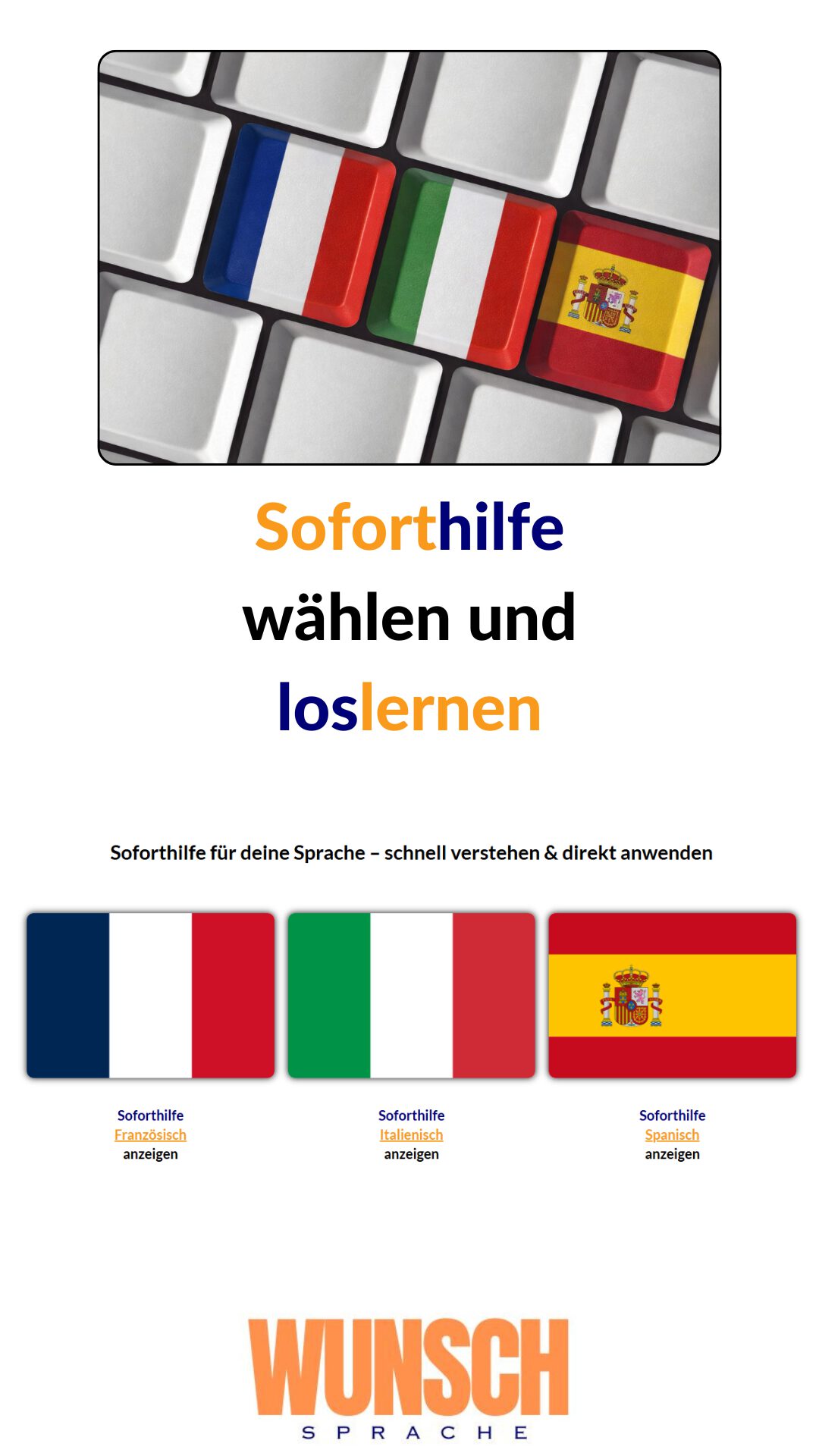 wunschsprache - Übersicht Soforthilfe-Seiten - Französisch, Italienisch, Spanisch im Pinterest-Stil