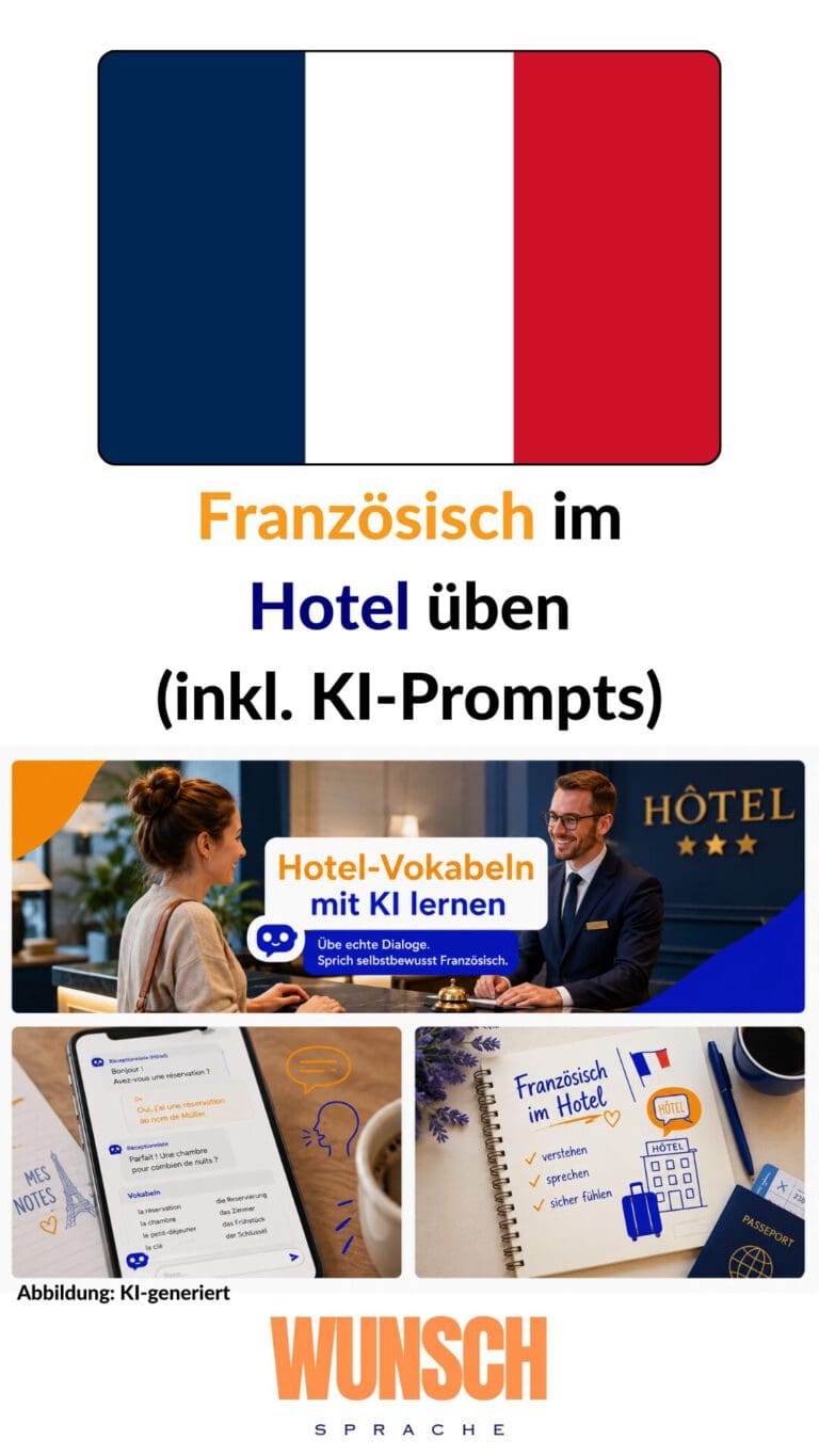 Französisch im Hotel üben inkl. KI-Prompts - Pinterest - wunschsprache.de - Hotel-Vokabeln mit KI lernen - Französisch im Hotel verstehen, sprechen, sicher fühlen - Dialoge üben, selbstbewusst sprechen