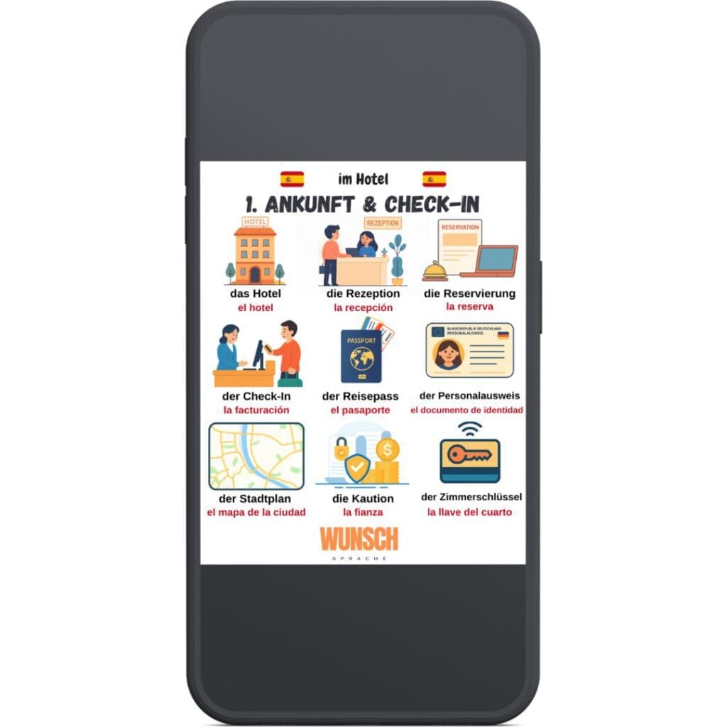 Hotel-Vokabeln Spanisch Smartphone - 1. Hotel & Check-in - wunschsprache.de - Übersicht der spanischen Hotel-Vokabeln unseres kostenlosen PDF-Downloads mit wichtigen Begriffen für den Urlaub: das Hotel - el hotel, die Rezeption - la recepción, die Reservierung - la reserva, der Check-In - la facturacion, der Reisepass - el pasaporte, der Personalausweis - el documento de identidad, der Stadtplan - el mapa de la ciudad, die Kaution - la fianza, der Zimmerschlüssel - la llave del cuarto