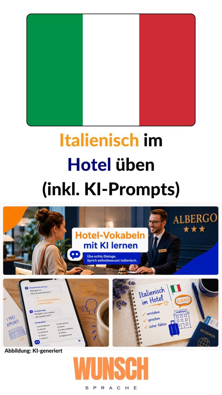 Italienisch im Hotel üben inkl. KI-Prompts - Pinterest - wunschsprache.de - Hotel-Vokabeln mit KI lernen - Italienisch im Hotel verstehen, sprechen, sicher fühlen - Dialoge üben, selbstbewusst sprechen