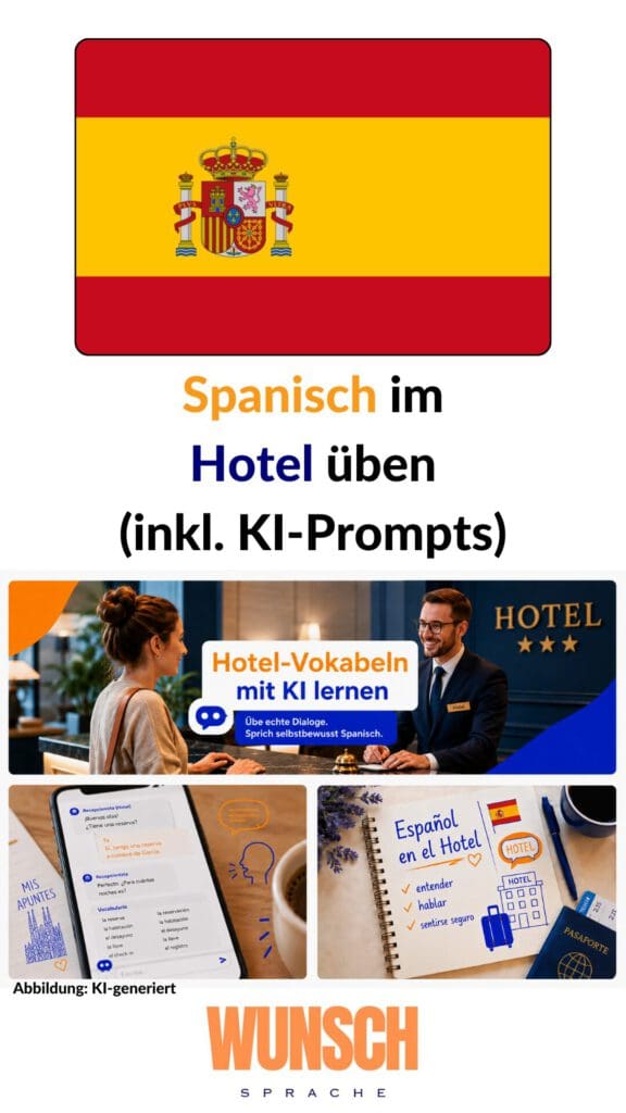 Spanisch im Hotel üben inkl. KI-Prompts - Pinterest - wunschsprache.de - Hotel-Vokabeln mit KI lernen - Spanisch im Hotel verstehen, sprechen, sicher fühlen - Dialoge üben, selbstbewusst sprechen