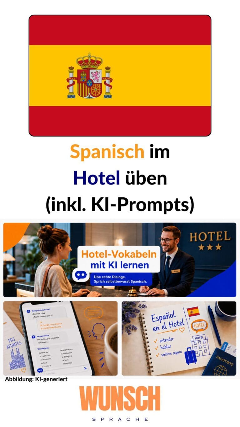 Spanisch im Hotel üben inkl. KI-Prompts - Pinterest - wunschsprache.de - Hotel-Vokabeln mit KI lernen - Spanisch im Hotel verstehen, sprechen, sicher fühlen - Dialoge üben, selbstbewusst sprechen