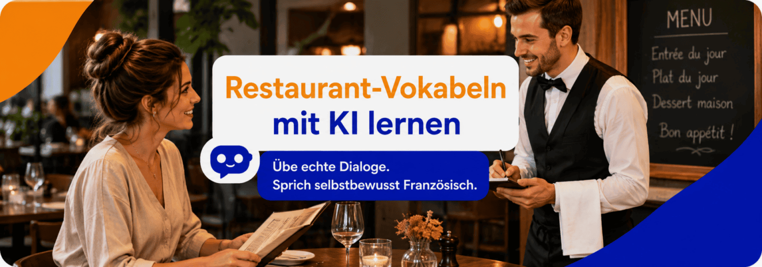 Restaurant-Vokabeln mit KI lernen - übe echte Dialoge, sprich selbstbewusst Französisch - wunschsprache.de
