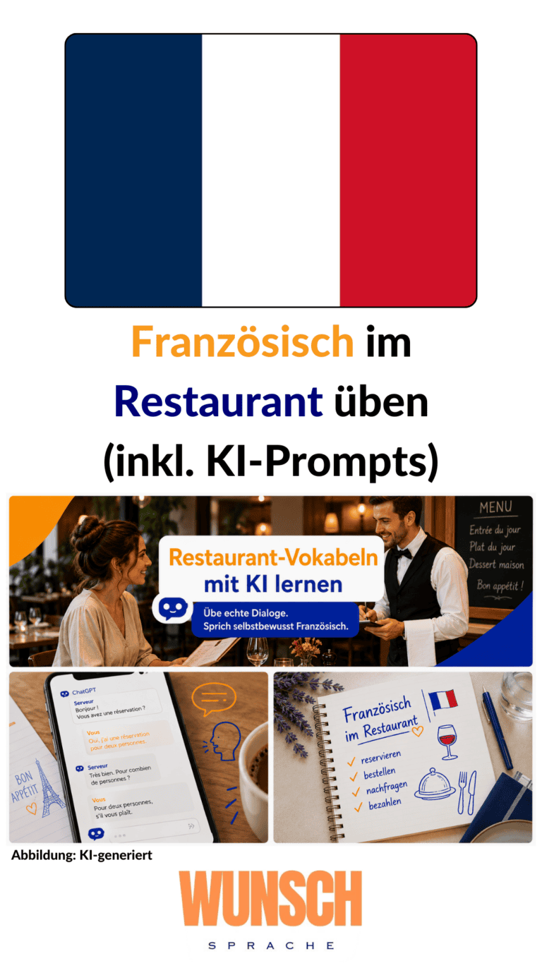 Französisch im Restaurant üben inkl. KI-Prompts - Pinterest - wunschsprache.de - Hotel-Vokabeln mit KI lernen - Französisch im Hotel verstehen, sprechen, sicher fühlen - Dialoge üben, selbstbewusst sprechen