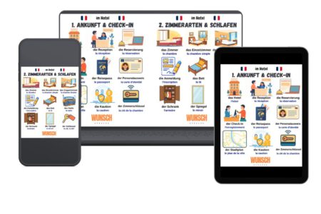 Hotel-Vokabeln Französisch Laptop, Smartphone + Tablet - 1. Hotel & Check-in + 2. Zimmerarten & Schlafen - wunschsprache.de